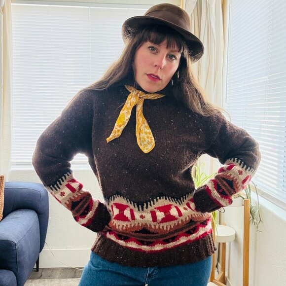 Vintage Sweaters - Vintage 90s Brown Wool Cashmere Cowichan Southwestern Aztec Sweater S/M Petite